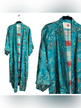 Vintage Peony Brand Shanghai China Chinoiserie long robe teal satin kimono